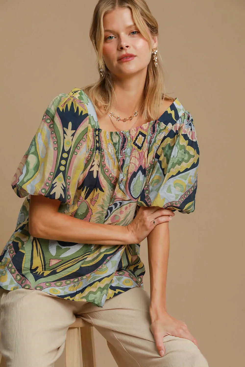 Designed for Greatness Abstract Print Blouse in Green and Blue Mix - Misses and Curvy