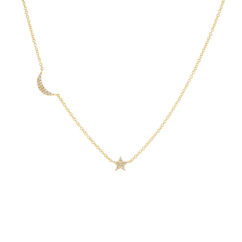 Diamond Crescent X Star Necklace 14K