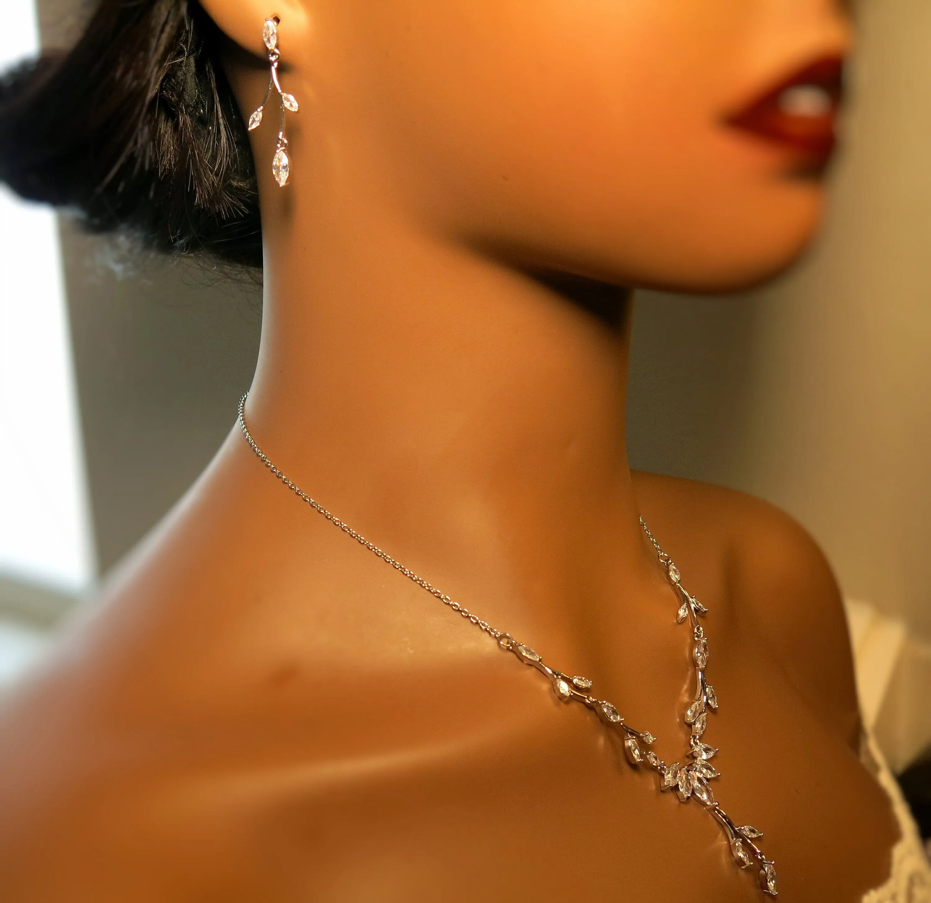 Diamond Gem Marquise Cut 3 PC Wedding Jewelry Set, Platinum Plated Bridal CZ Crystal Y Necklace and Earrings Set