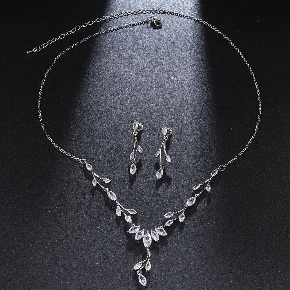Diamond Gem Marquise Cut 3 PC Wedding Jewelry Set, Platinum Plated Bridal CZ Crystal Y Necklace and Earrings Set