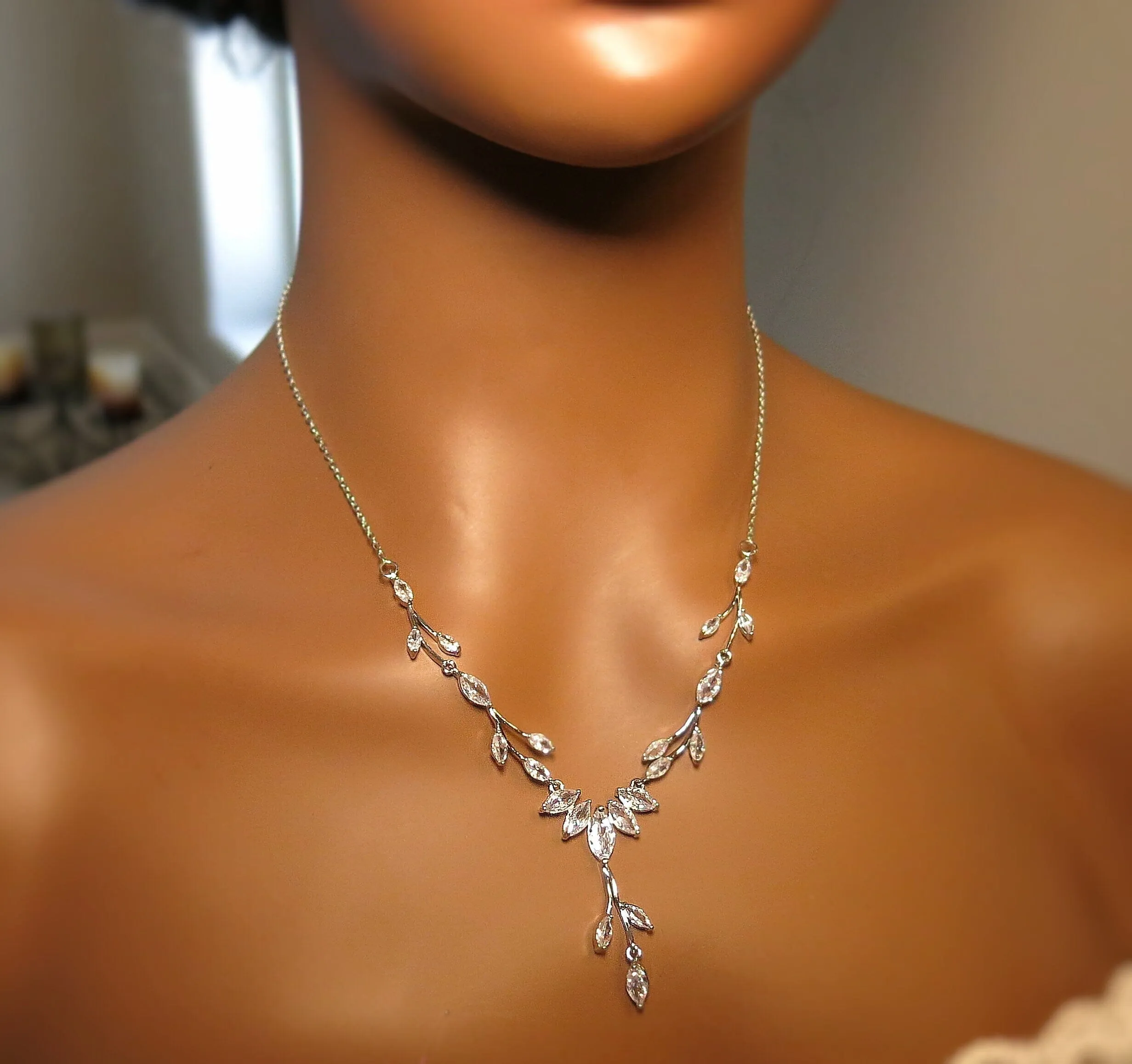 Diamond Gem Marquise Cut 3 PC Wedding Jewelry Set, Platinum Plated Bridal CZ Crystal Y Necklace and Earrings Set