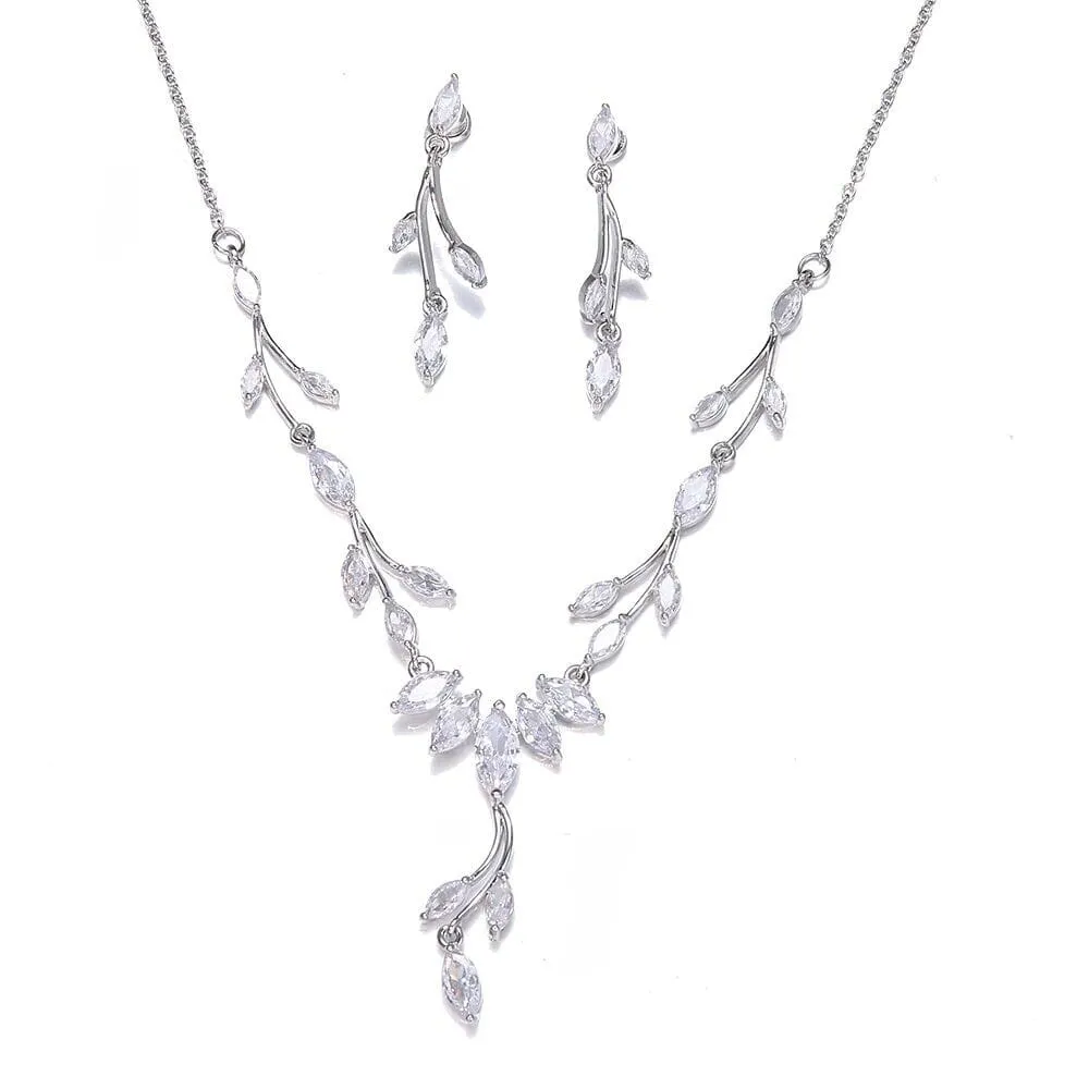 Diamond Gem Marquise Cut 3 PC Wedding Jewelry Set, Platinum Plated Bridal CZ Crystal Y Necklace and Earrings Set
