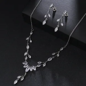 Diamond Gem Marquise Cut 3 PC Wedding Jewelry Set, Platinum Plated Bridal CZ Crystal Y Necklace and Earrings Set