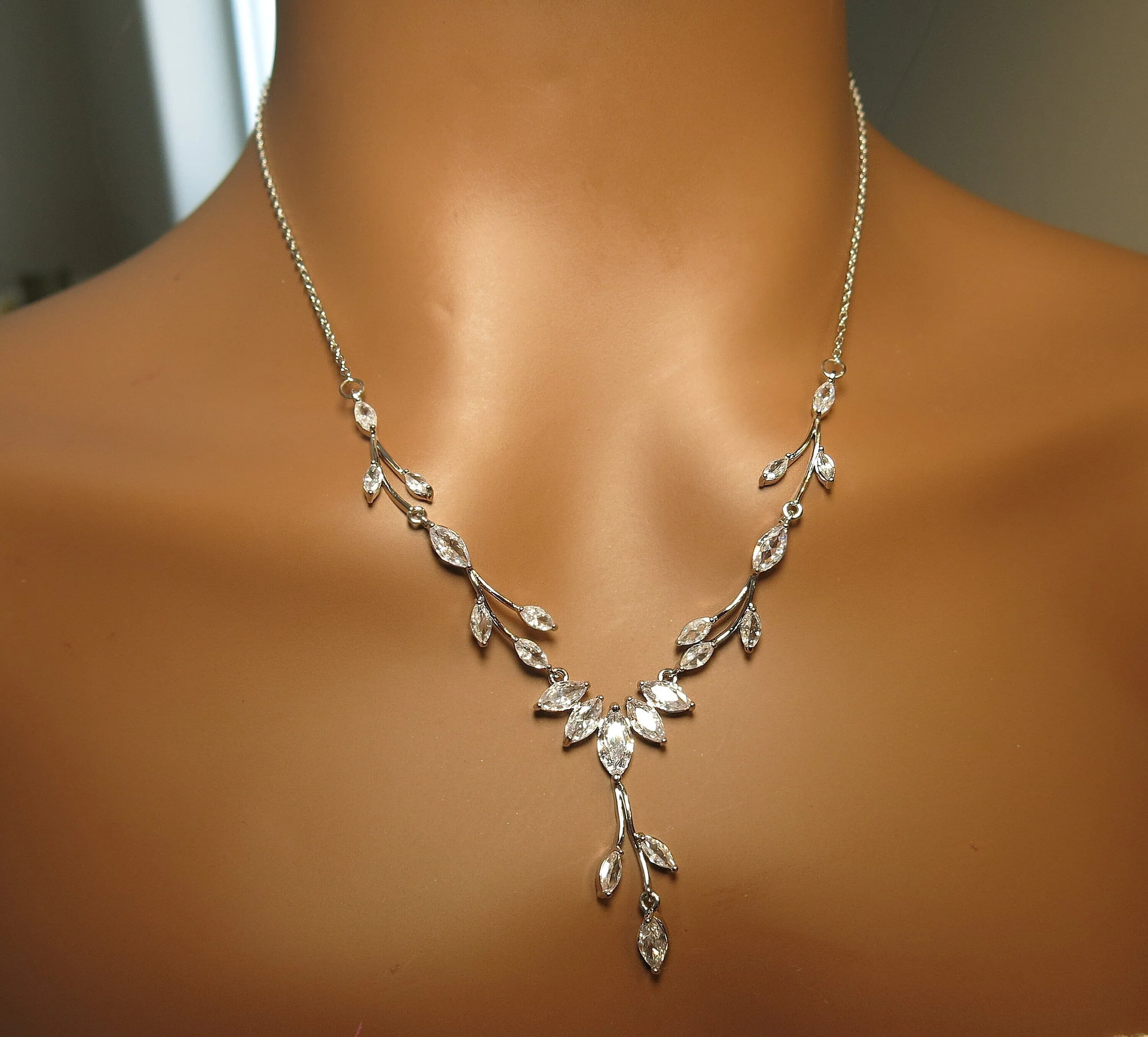 Diamond Gem Marquise Cut 3 PC Wedding Jewelry Set, Platinum Plated Bridal CZ Crystal Y Necklace and Earrings Set