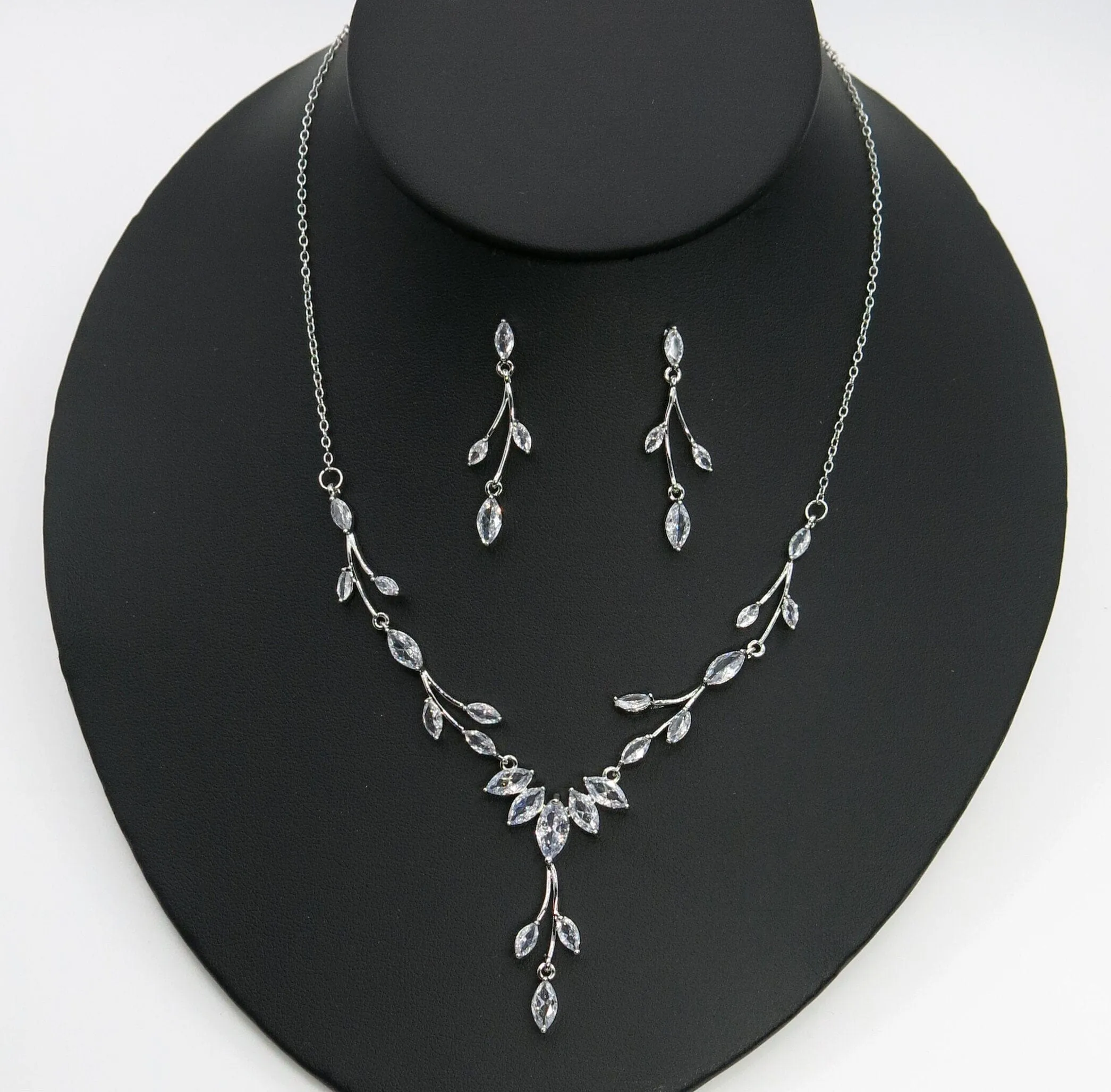 Diamond Gem Marquise Cut 3 PC Wedding Jewelry Set, Platinum Plated Bridal CZ Crystal Y Necklace and Earrings Set