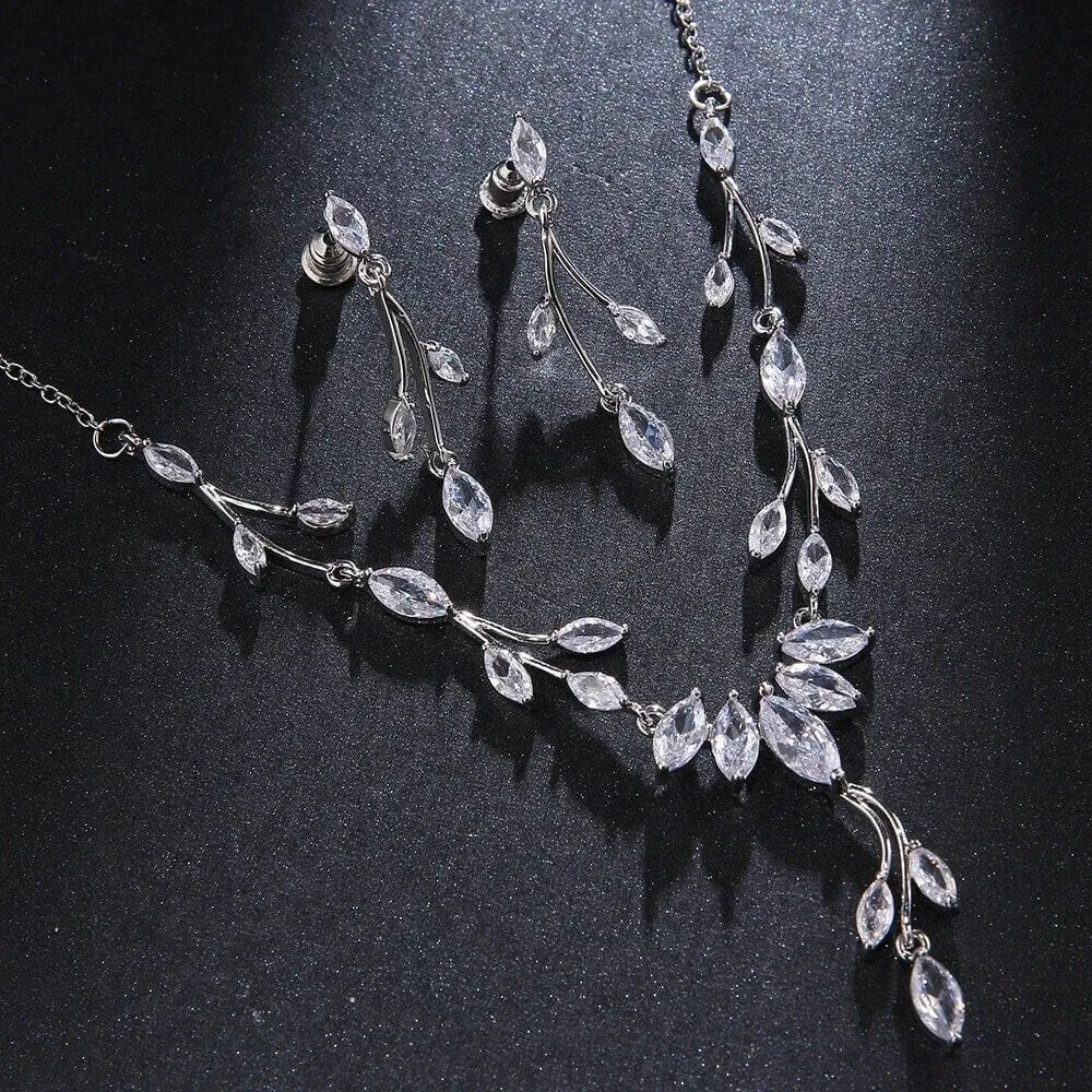 Diamond Gem Marquise Cut 3 PC Wedding Jewelry Set, Platinum Plated Bridal CZ Crystal Y Necklace and Earrings Set