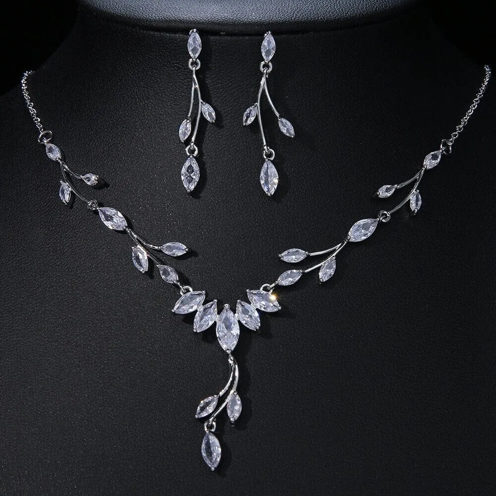 Diamond Gem Marquise Cut 3 PC Wedding Jewelry Set, Platinum Plated Bridal CZ Crystal Y Necklace and Earrings Set