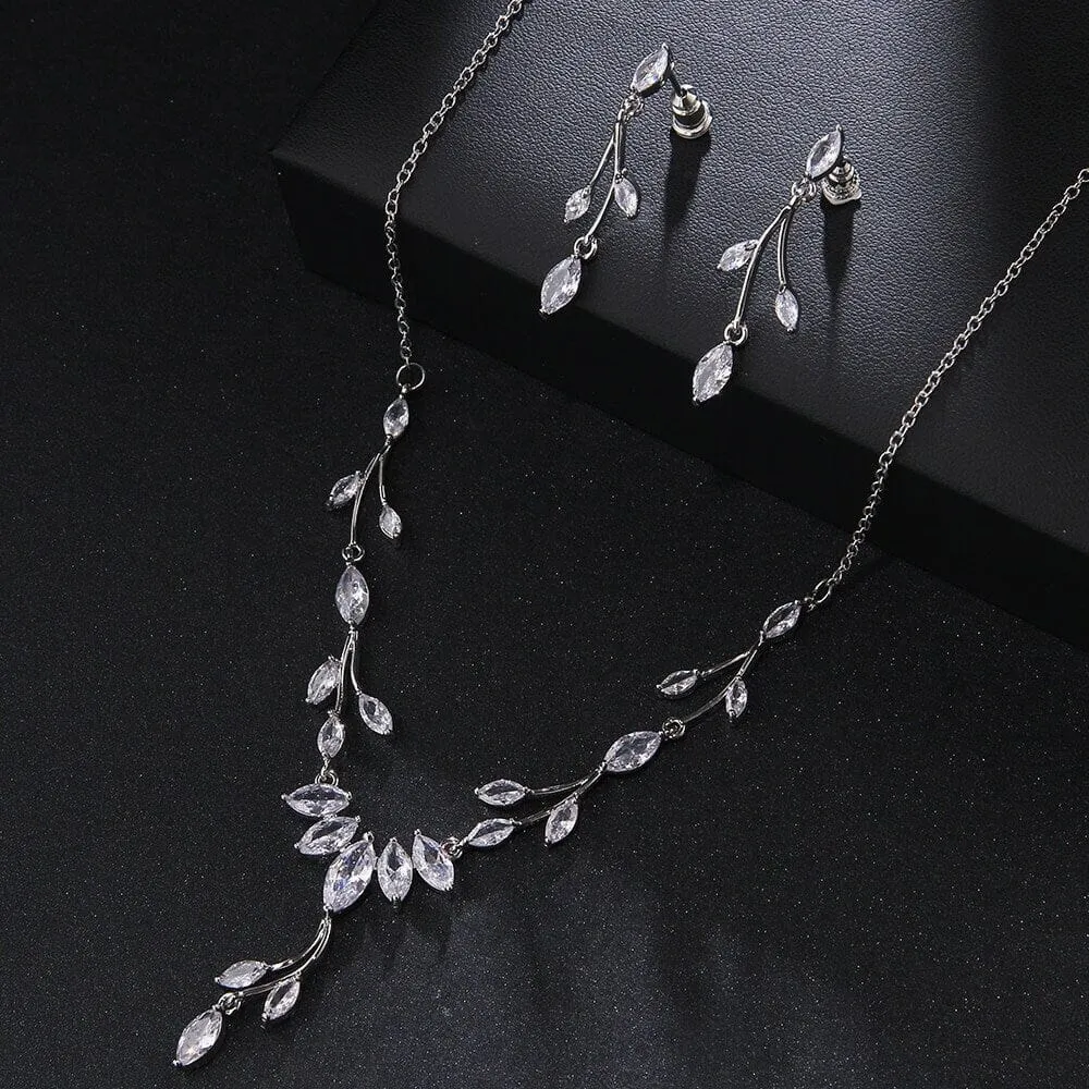 Diamond Gem Marquise Cut 3 PC Wedding Jewelry Set, Platinum Plated Bridal CZ Crystal Y Necklace and Earrings Set