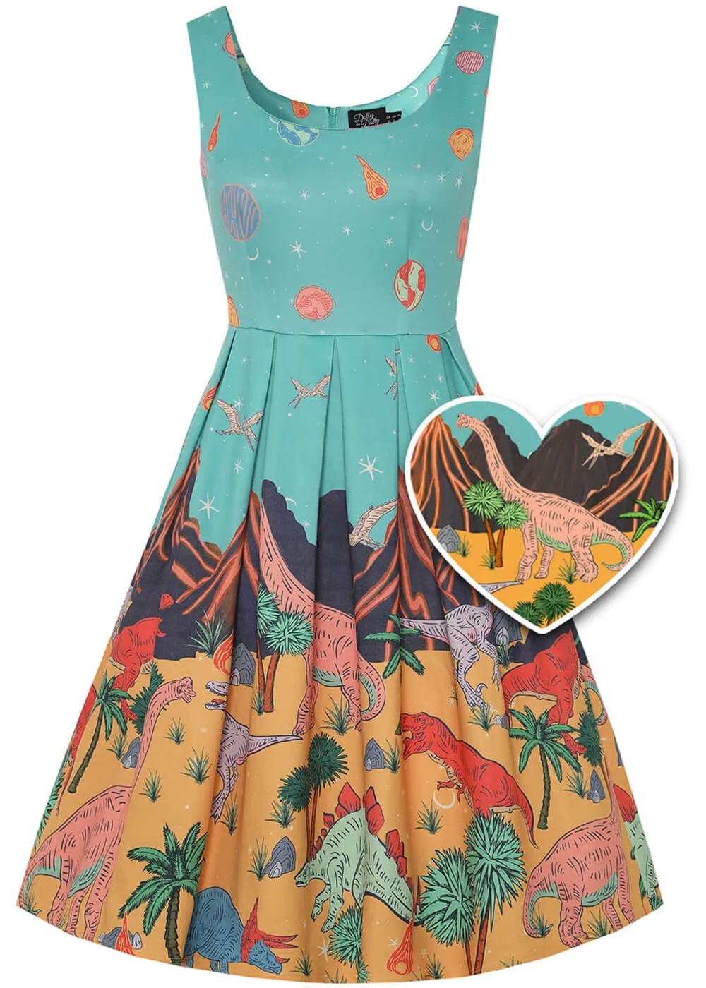 Dolly & Dotty Amanda Dinosaur World 50's Swing Jurk Turquoise