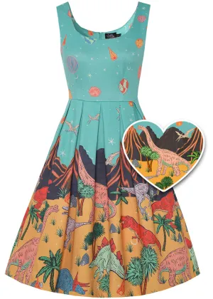 Dolly & Dotty Amanda Dinosaur World 50's Swing Jurk Turquoise