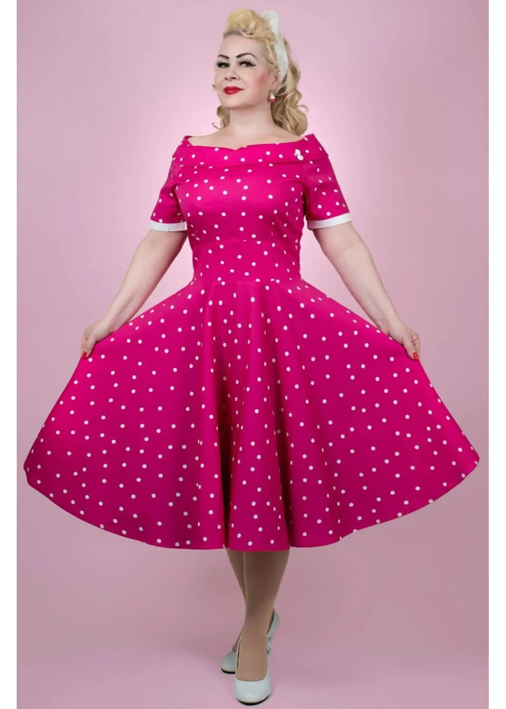 Dolly & Dotty Darlene Polkadot 50's Swing Dress Hot Pink
