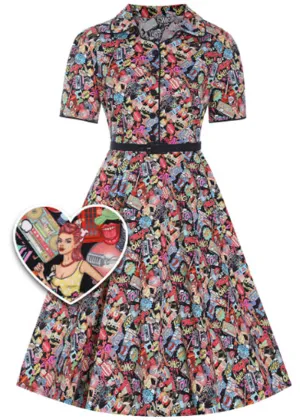 Dolly & Dotty Penelope Cartoon Pop Art 50's Swing Dress Black