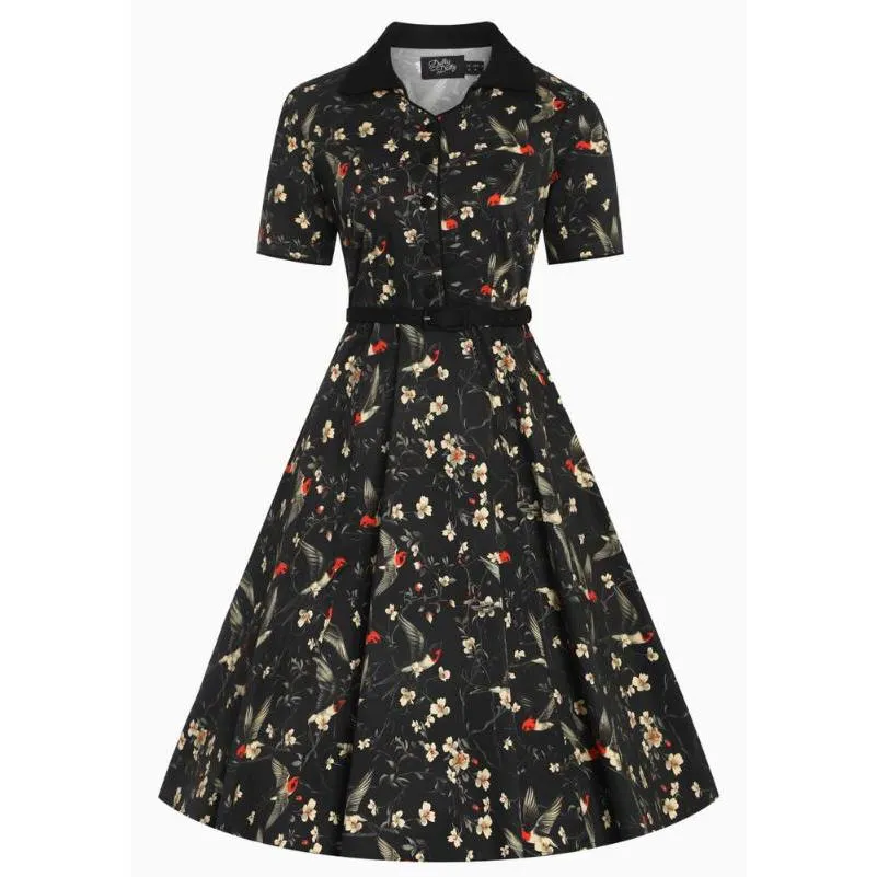 Dotty & Dolly Penelope Rockabilly Black Bird & Floral Print Shirt Dress