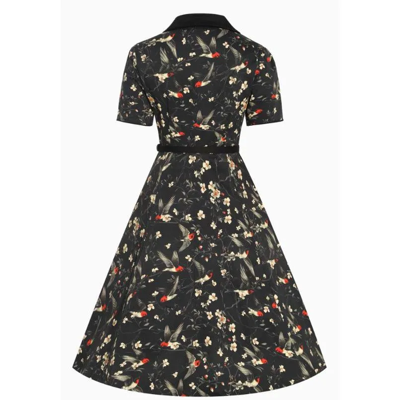 Dotty & Dolly Penelope Rockabilly Black Bird & Floral Print Shirt Dress