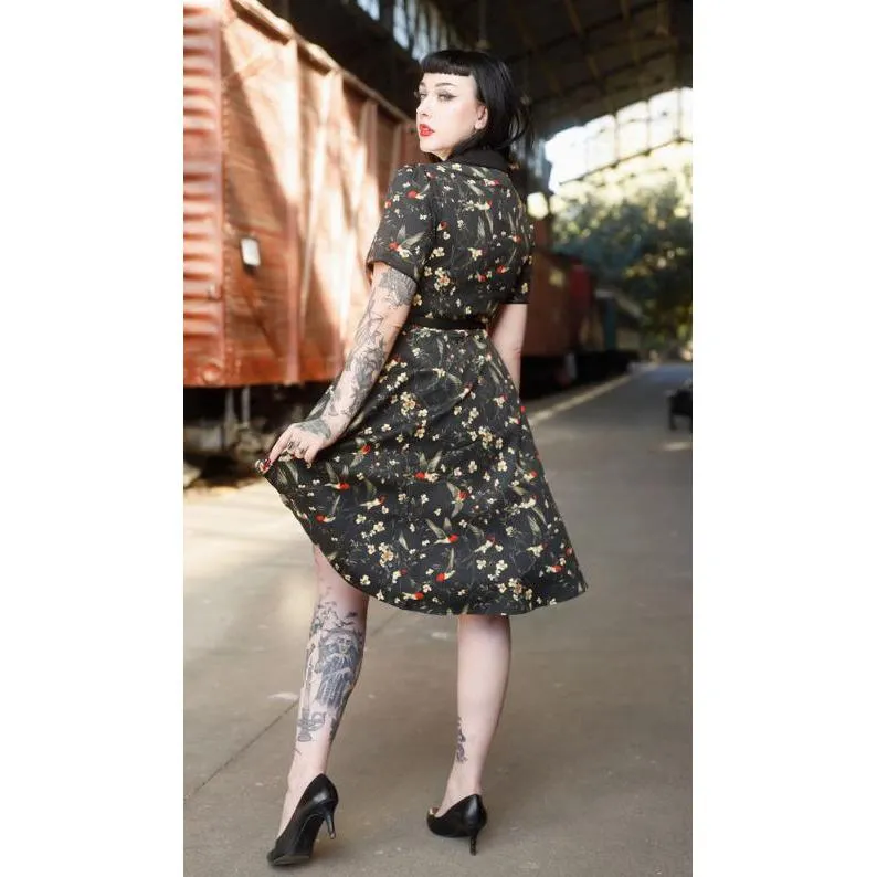 Dotty & Dolly Penelope Rockabilly Black Bird & Floral Print Shirt Dress