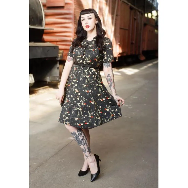 Dotty & Dolly Penelope Rockabilly Black Bird & Floral Print Shirt Dress