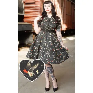 Dotty & Dolly Penelope Rockabilly Black Bird & Floral Print Shirt Dress