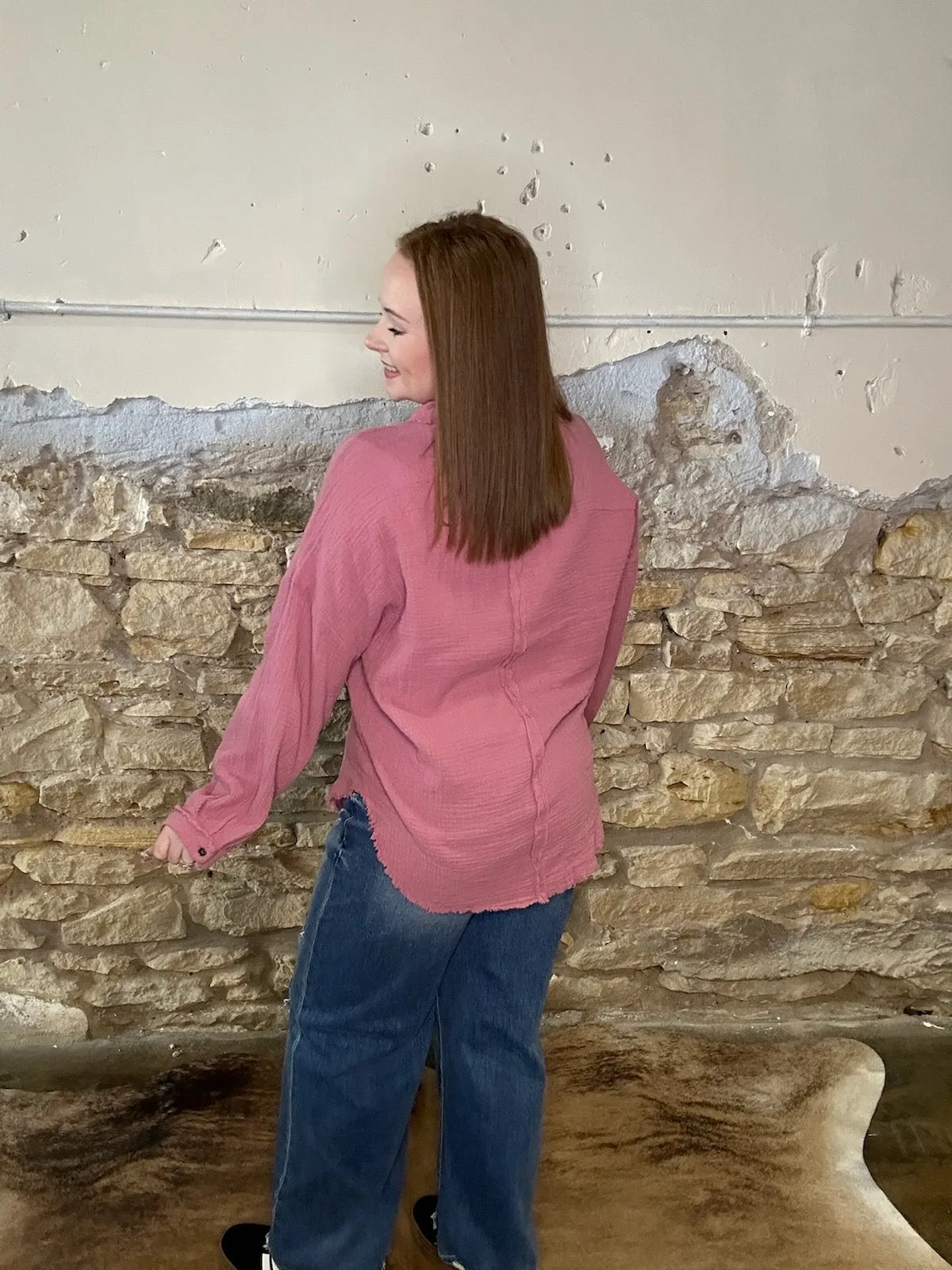Double Gauze Raw Edge Long Sleeve Button Up Top