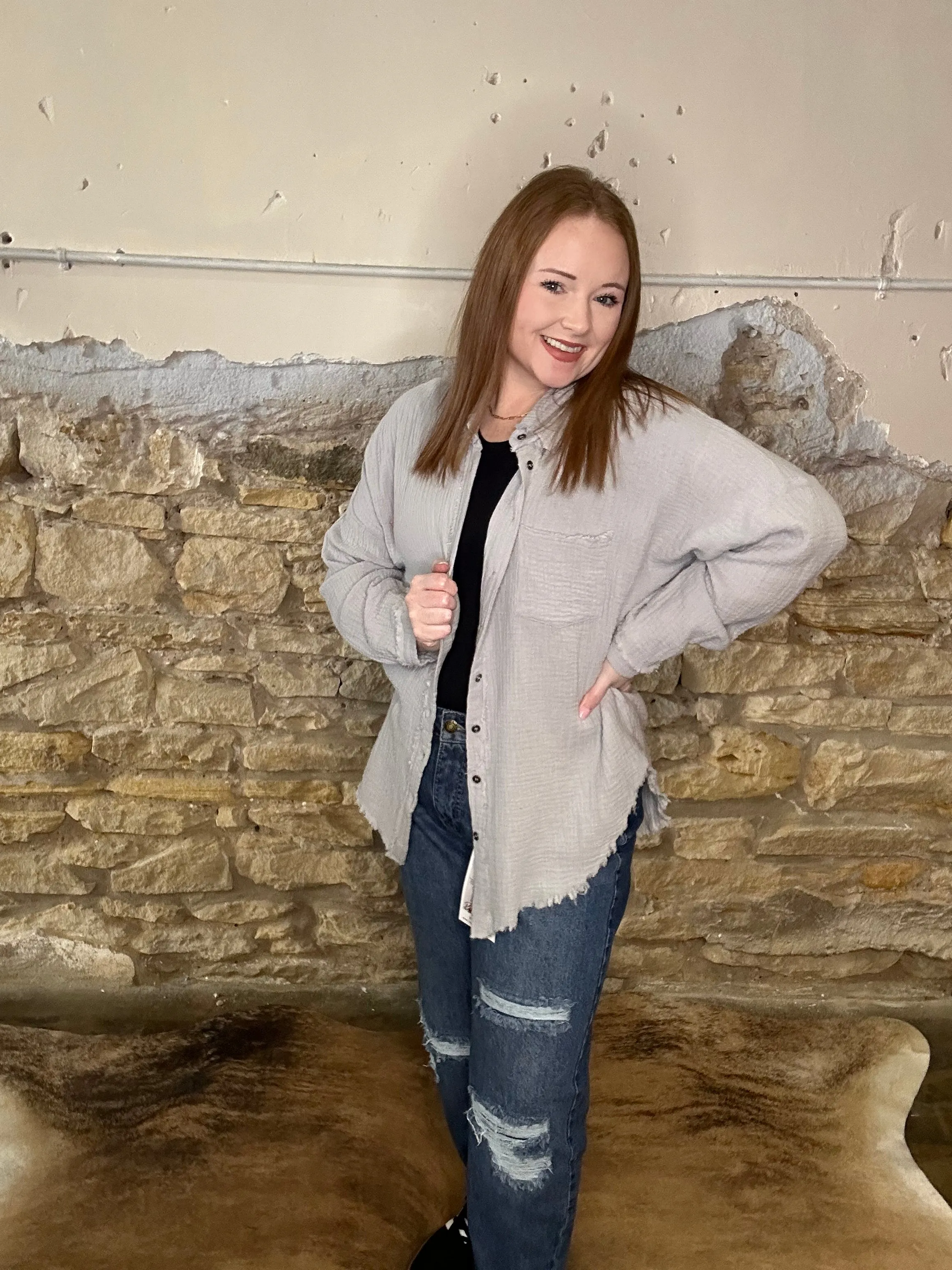 Double Gauze Raw Edge Long Sleeve Button Up Top