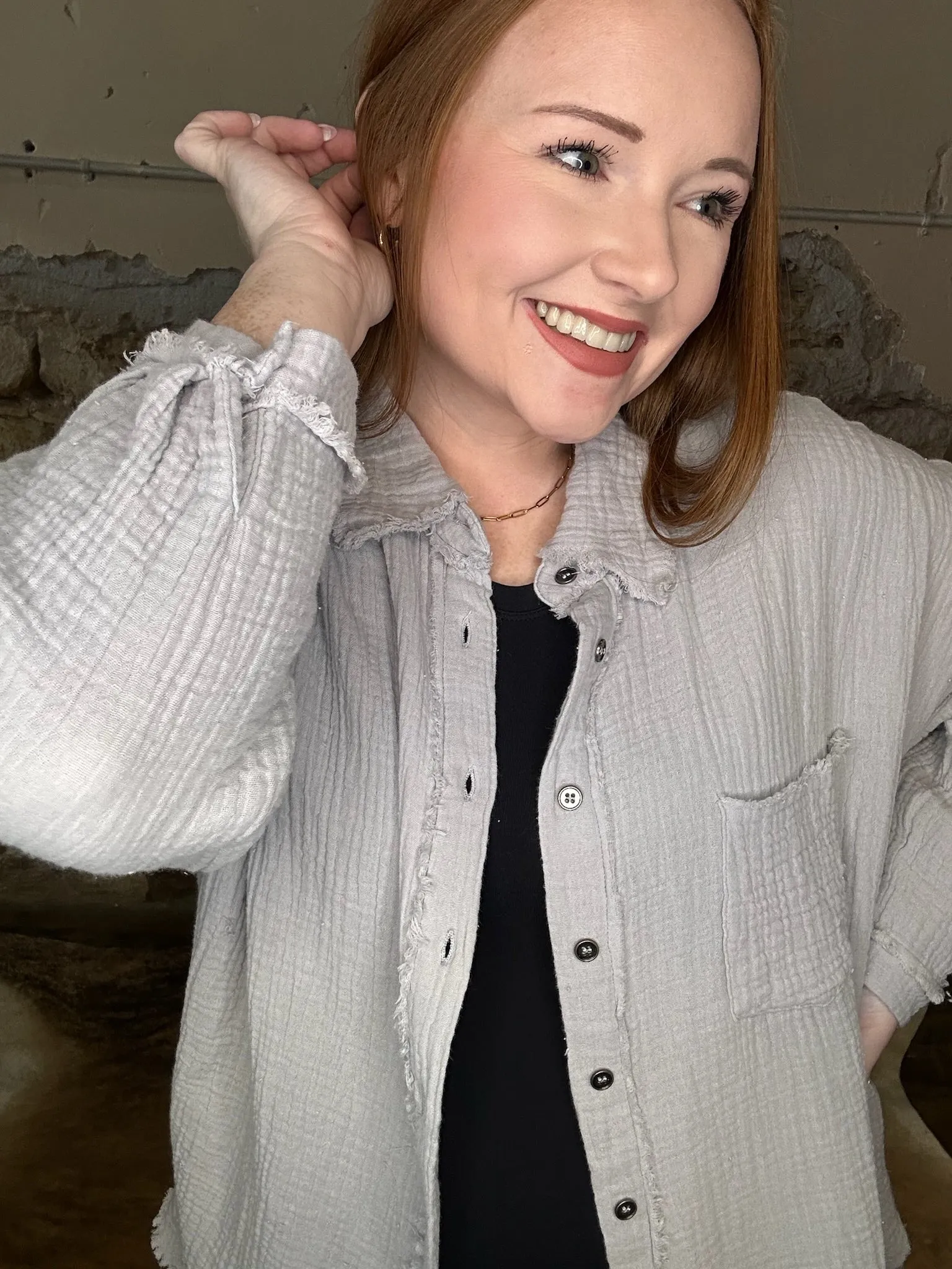 Double Gauze Raw Edge Long Sleeve Button Up Top