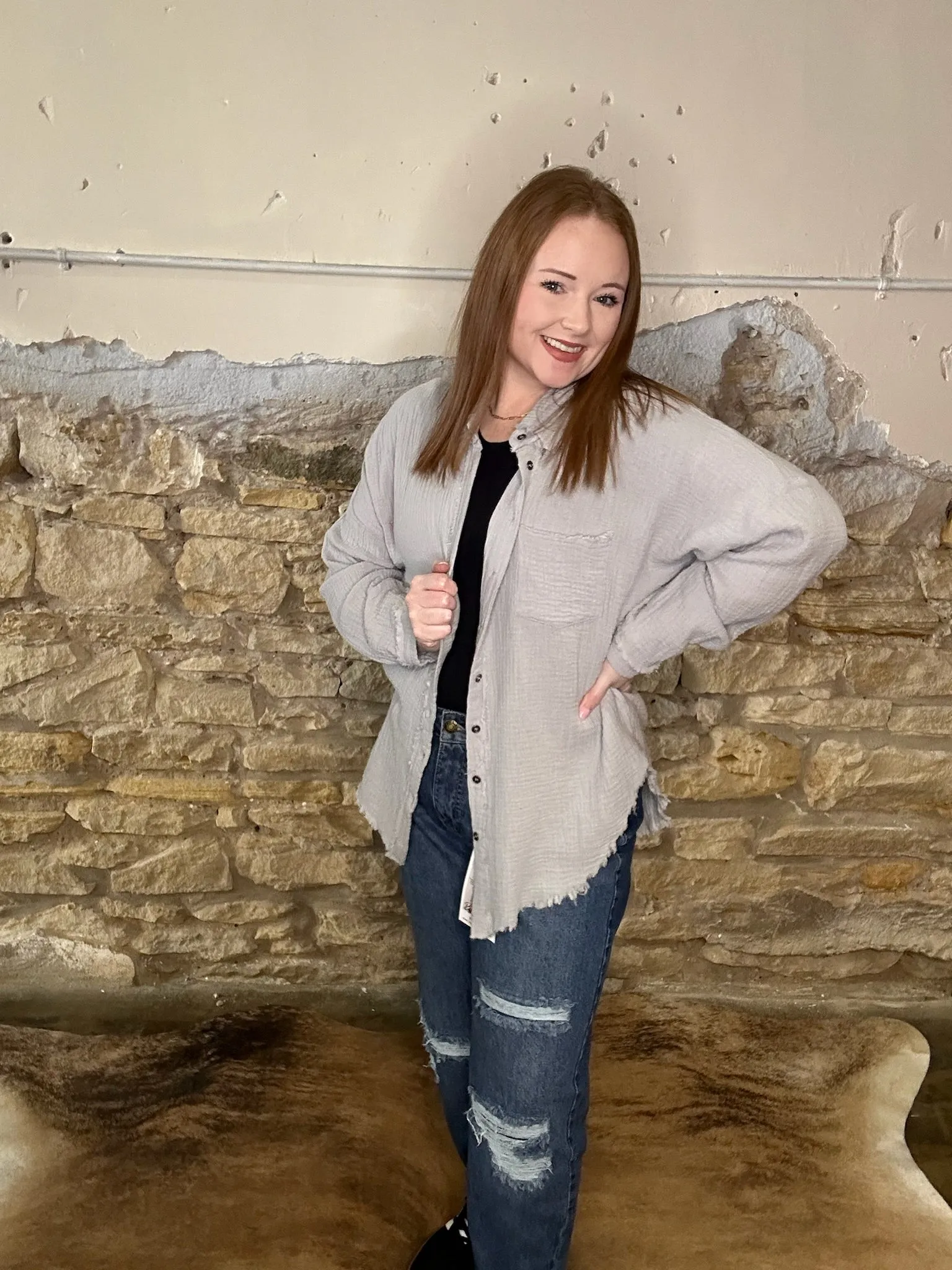 Double Gauze Raw Edge Long Sleeve Button Up Top