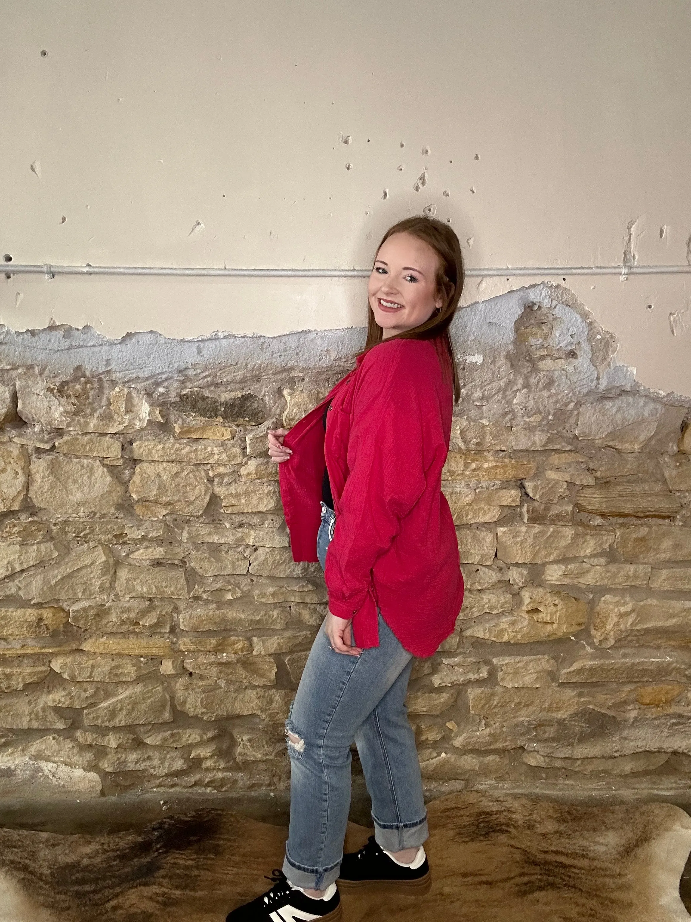 Double Gauze Raw Edge Long Sleeve Button Up Top