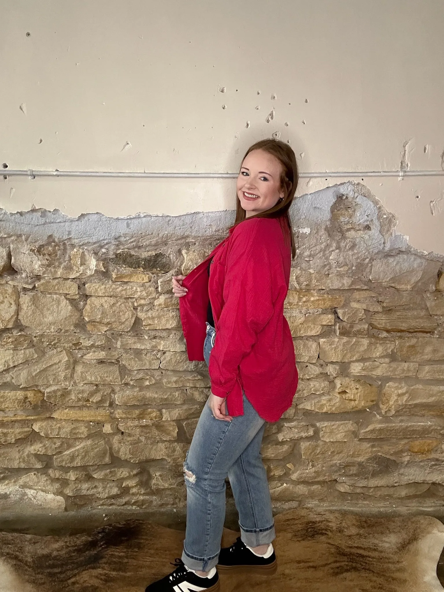 Double Gauze Raw Edge Long Sleeve Button Up Top