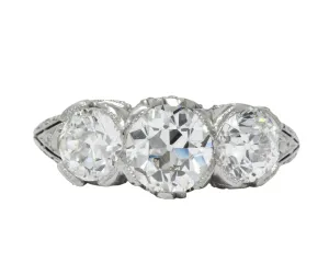 Edwardian 2.70 CTW Old European Diamond Platinum Three Stone Ring GIA