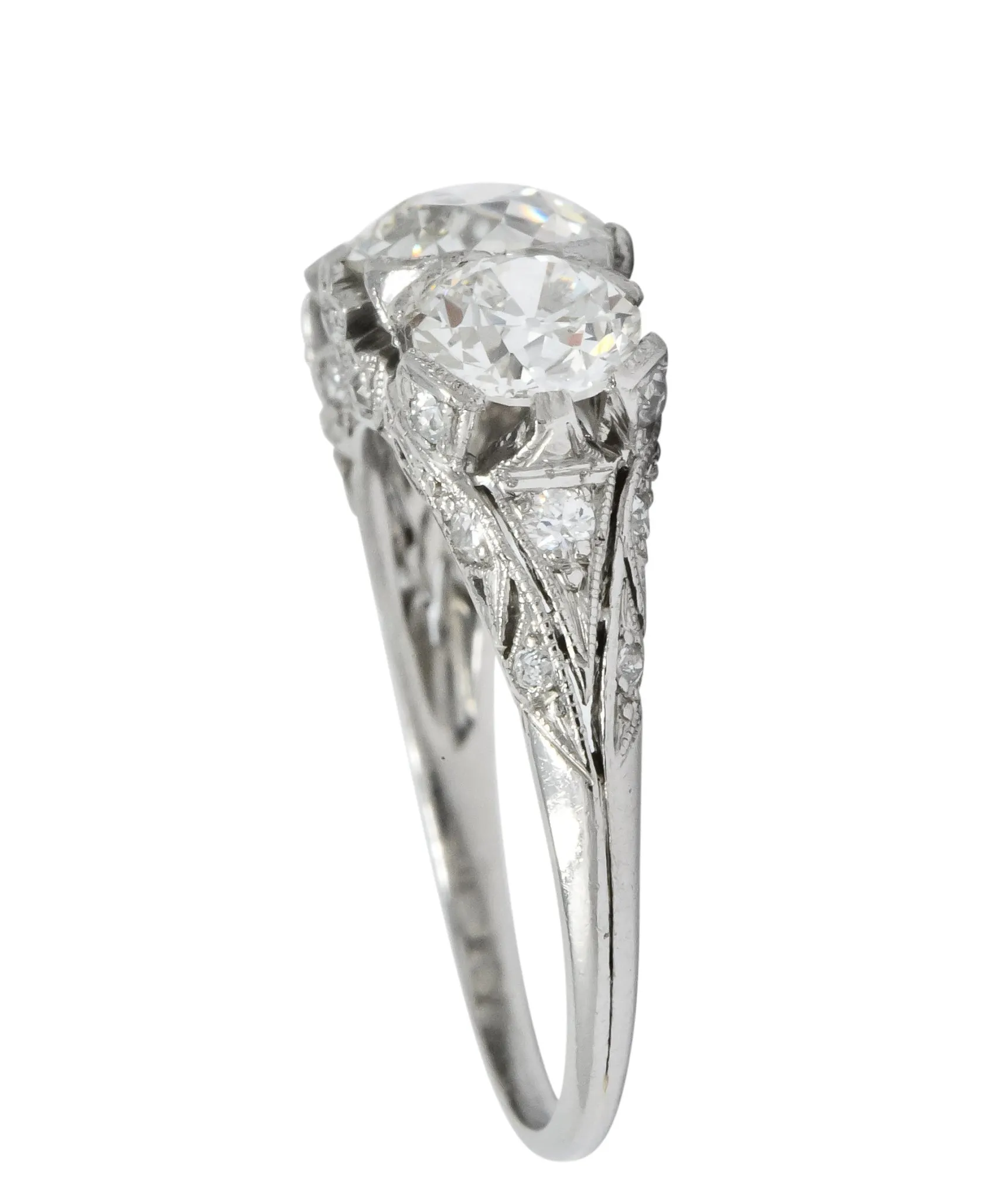 Edwardian 2.70 CTW Old European Diamond Platinum Three Stone Ring GIA