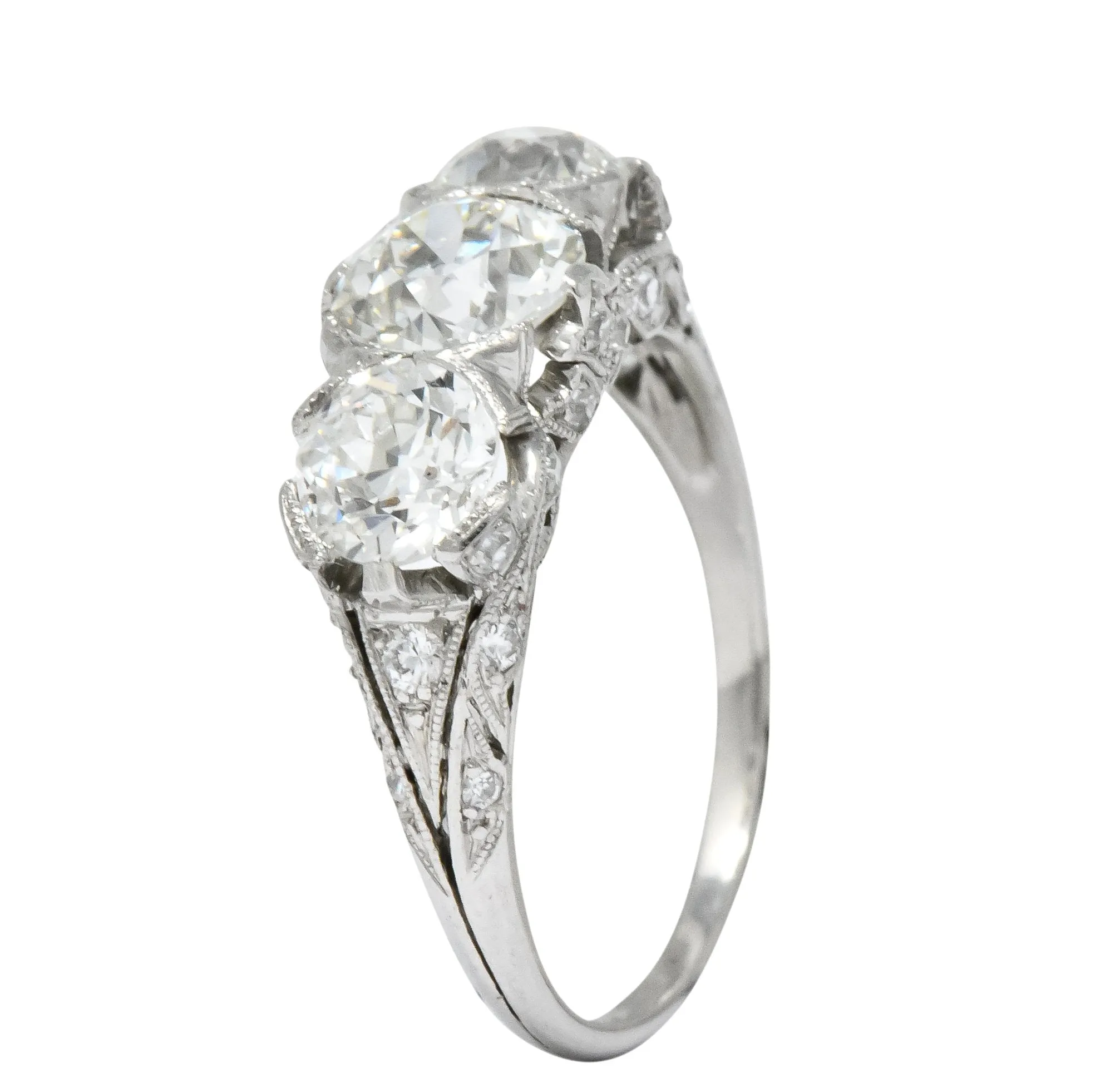 Edwardian 2.70 CTW Old European Diamond Platinum Three Stone Ring GIA