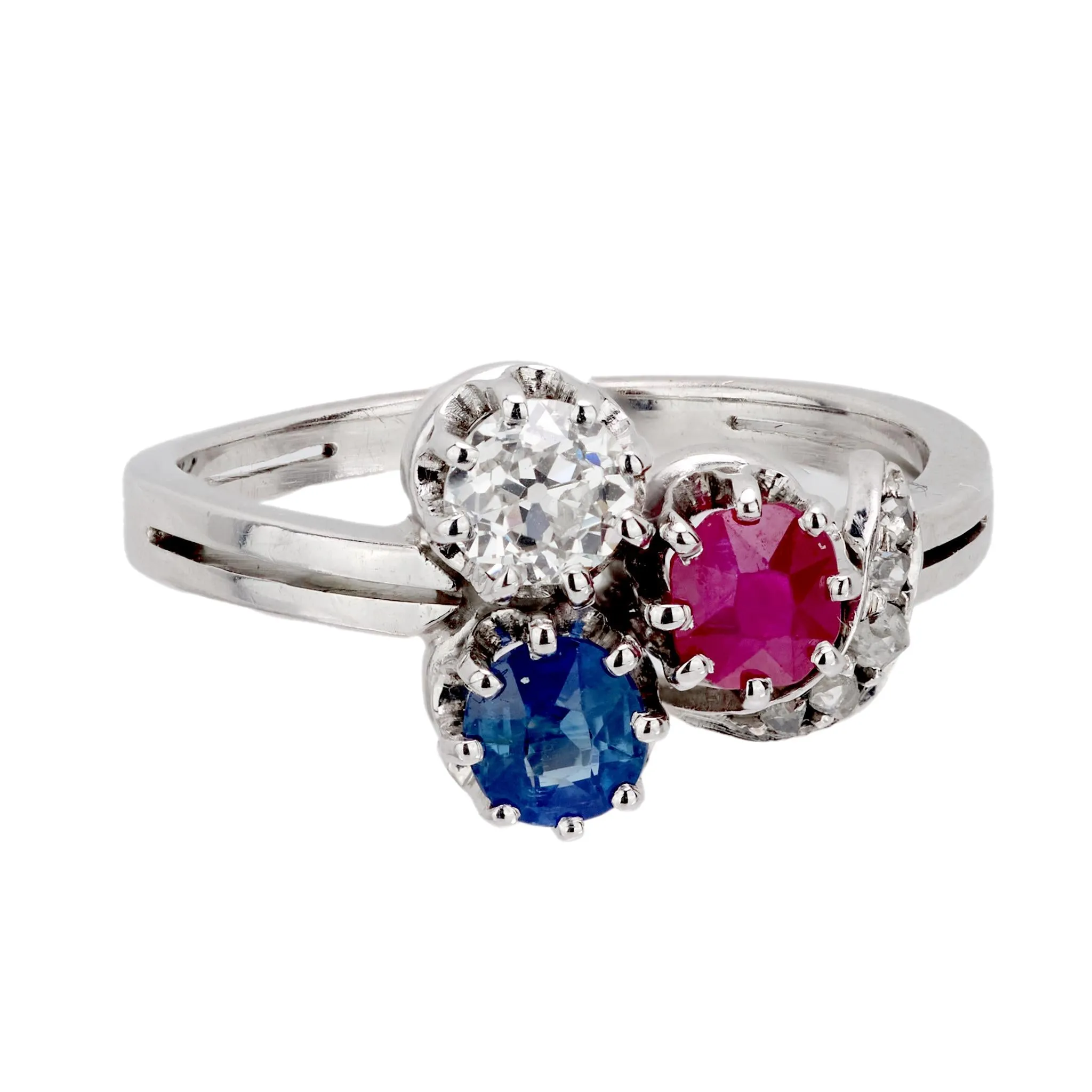 Edwardian diamond sapphire ruby 14k white gold ring