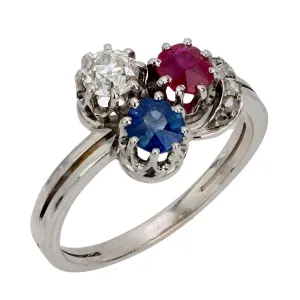 Edwardian diamond sapphire ruby 14k white gold ring