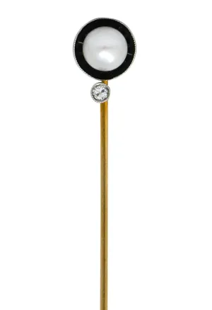Edwardian Pearl Diamond Carved Onyx Platinum Gold Stickpin