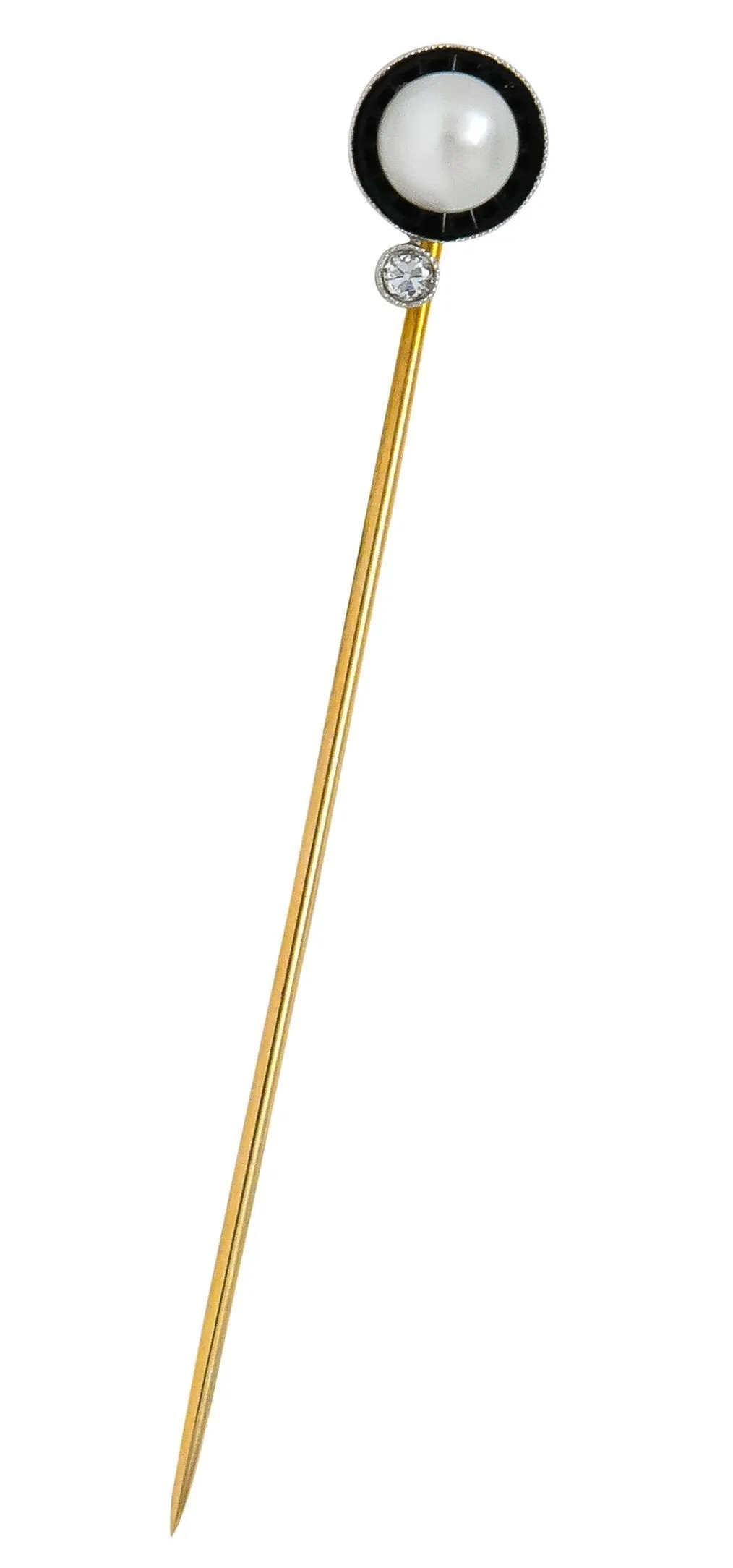 Edwardian Pearl Diamond Carved Onyx Platinum Gold Stickpin
