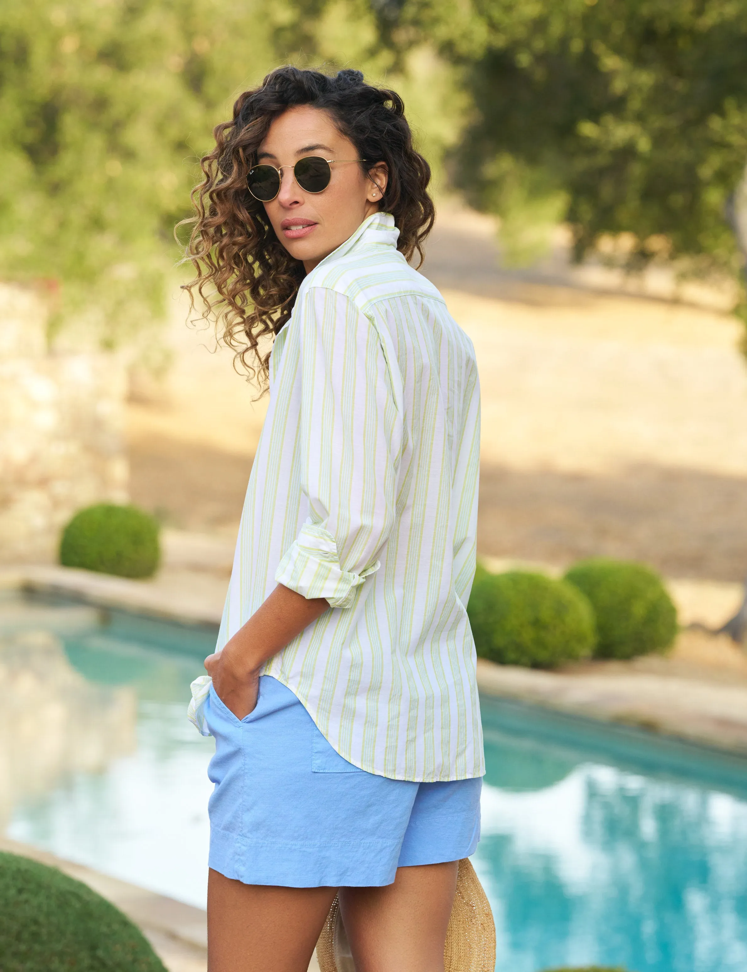 EILEEN Chartreuse and Blue Stripe, Italian Cotton