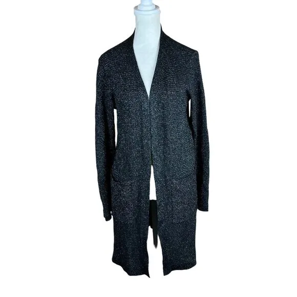 Eileen Fisher Black Open Cardigan Metallic Silver Merino Wool Blend Sparkle M