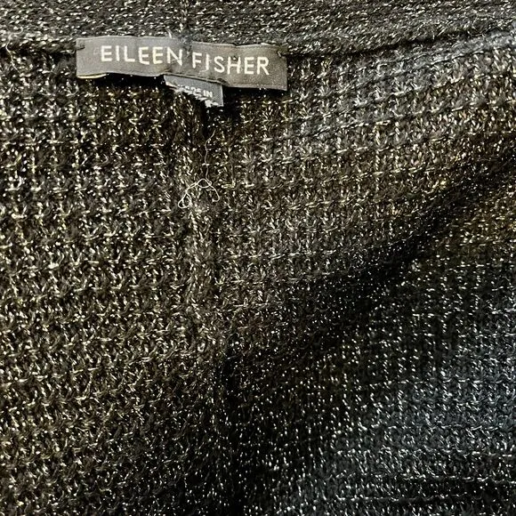 Eileen Fisher Black Open Cardigan Metallic Silver Merino Wool Blend Sparkle M