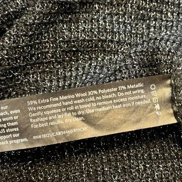 Eileen Fisher Black Open Cardigan Metallic Silver Merino Wool Blend Sparkle M