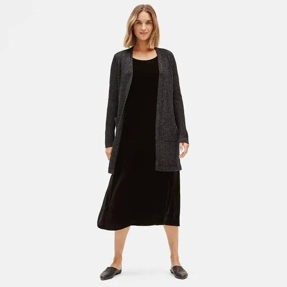 Eileen Fisher Black Open Cardigan Metallic Silver Merino Wool Blend Sparkle M