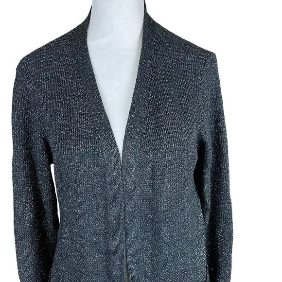 Eileen Fisher Black Open Cardigan Metallic Silver Merino Wool Blend Sparkle M