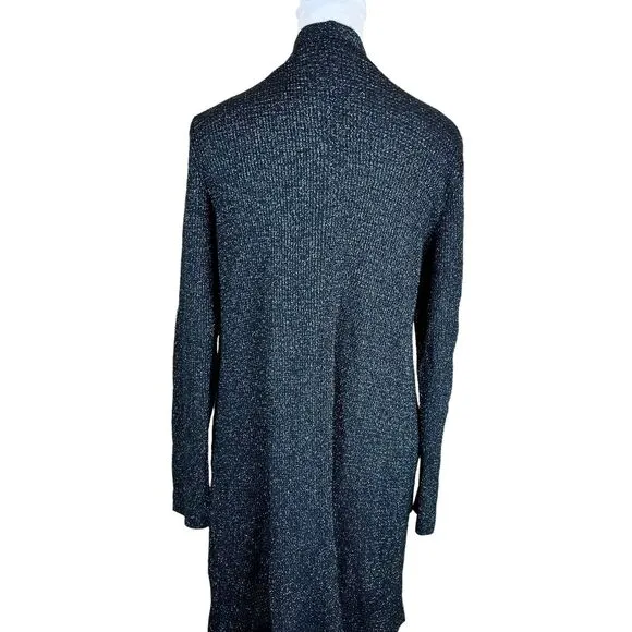 Eileen Fisher Black Open Cardigan Metallic Silver Merino Wool Blend Sparkle M