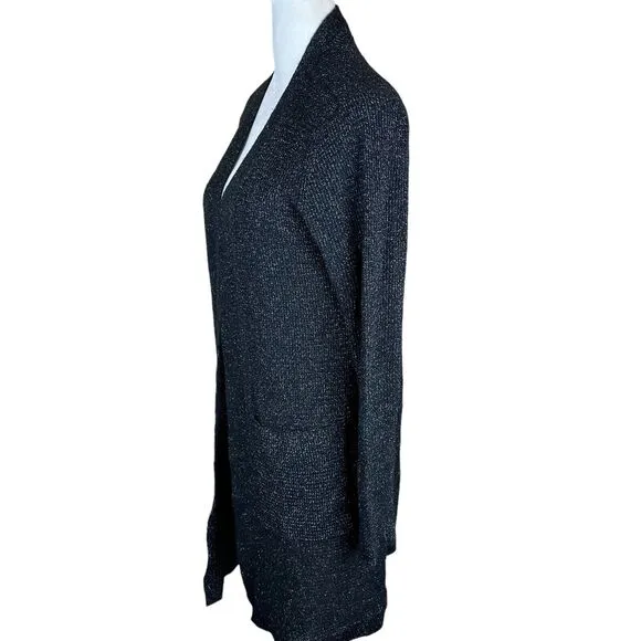 Eileen Fisher Black Open Cardigan Metallic Silver Merino Wool Blend Sparkle M