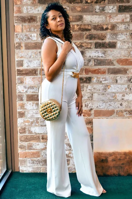 #ELEGANT ALL WHITE GOLD BELT JUMPSUIT