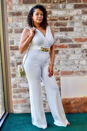 #ELEGANT ALL WHITE GOLD BELT JUMPSUIT