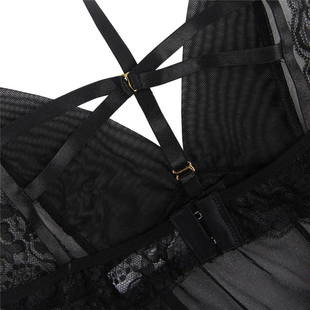 Elegant Black Lace Hanging Neck Perspective Sexy Babydoll
