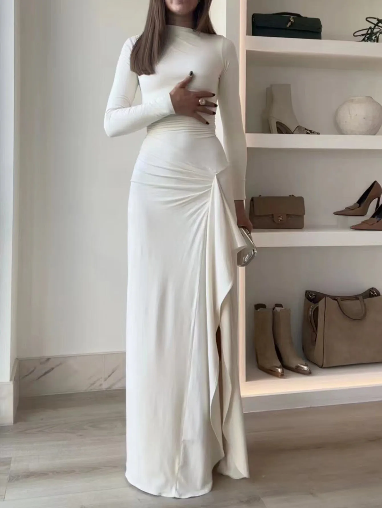 Elegant Long-Sleeve High-Neck Maxi Dress with Ruffled Slit Detail