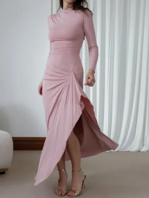 Elegant Long-Sleeve High-Neck Maxi Dress with Ruffled Slit Detail