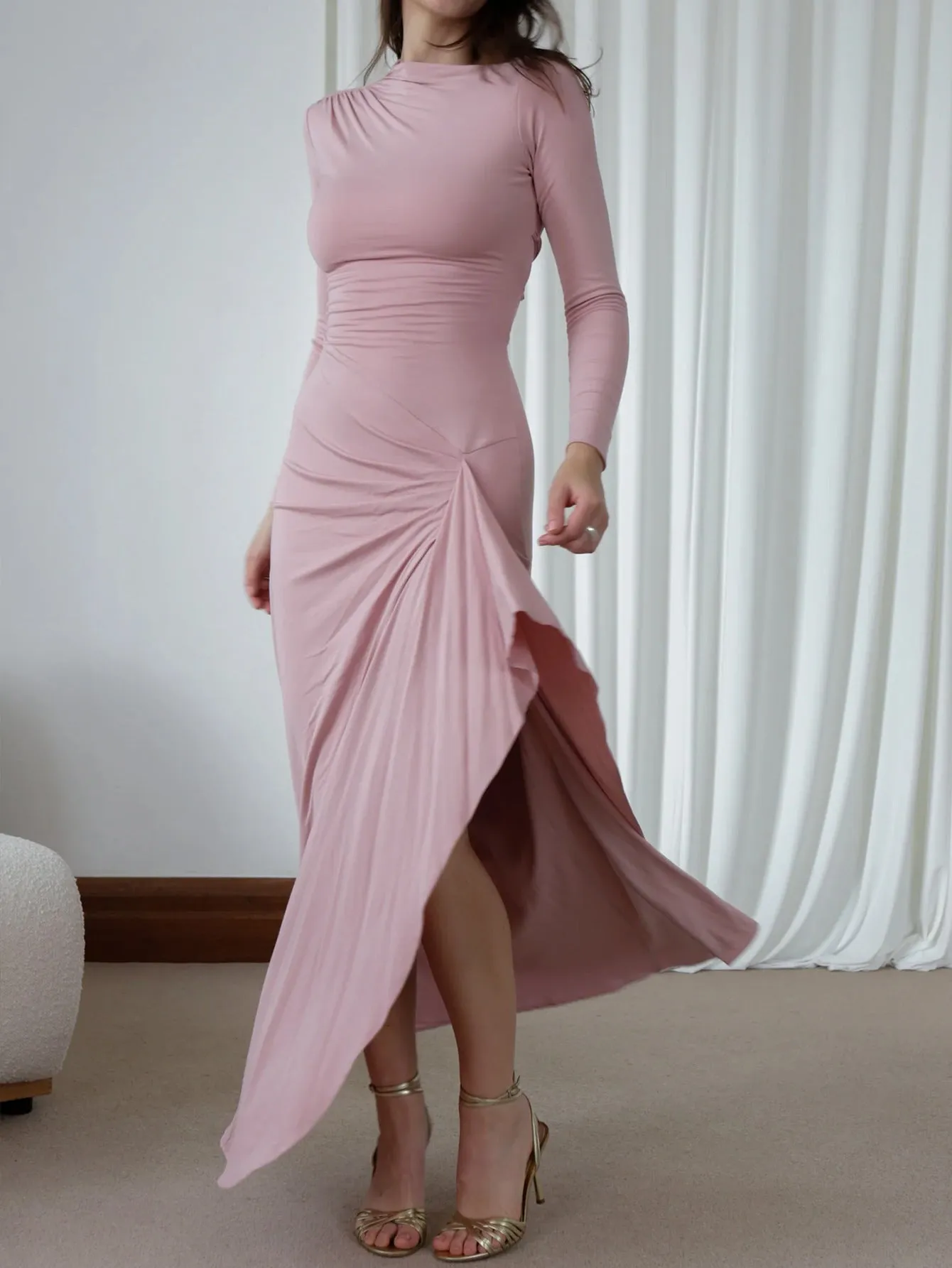 Elegant Long-Sleeve High-Neck Maxi Dress with Ruffled Slit Detail