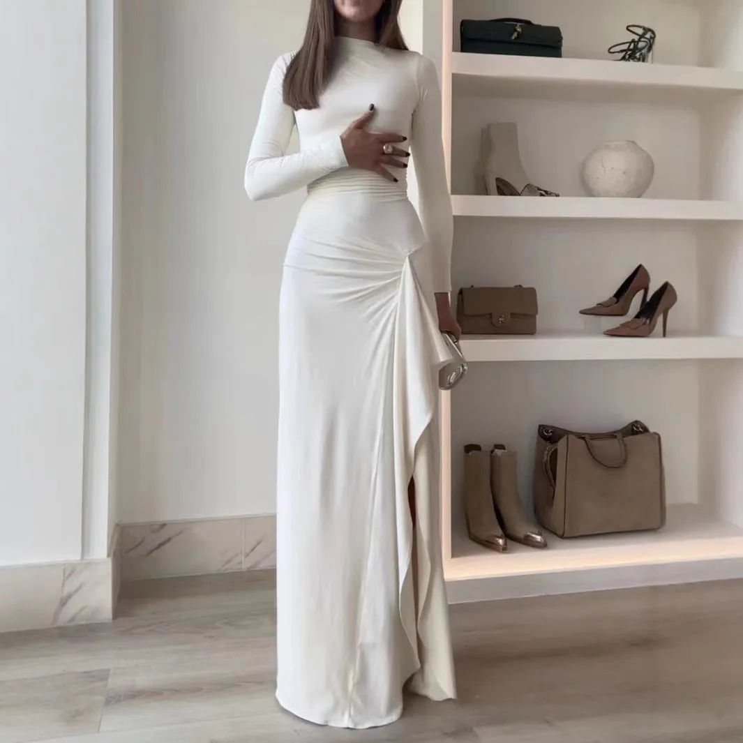 Elegant Long-Sleeve High-Neck Maxi Dress with Ruffled Slit Detail