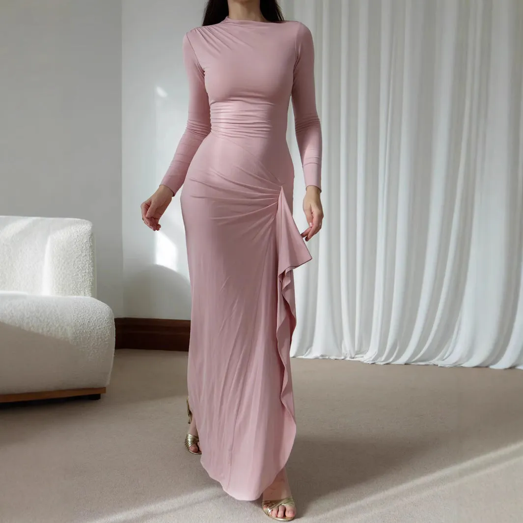 Elegant Long-Sleeve High-Neck Maxi Dress with Ruffled Slit Detail